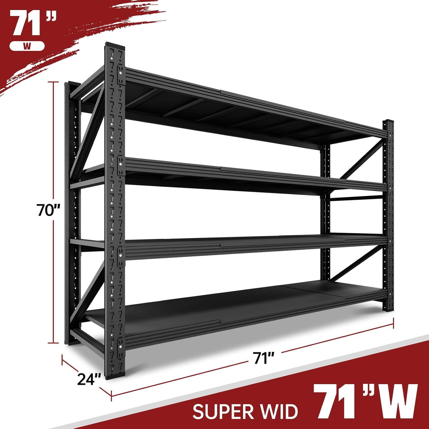 RAVIGIN Heavy Duty Metal Garage Shelving - Adjustable 5000LBS Storage Unit | 71" W x 24" D x 70" H, Black