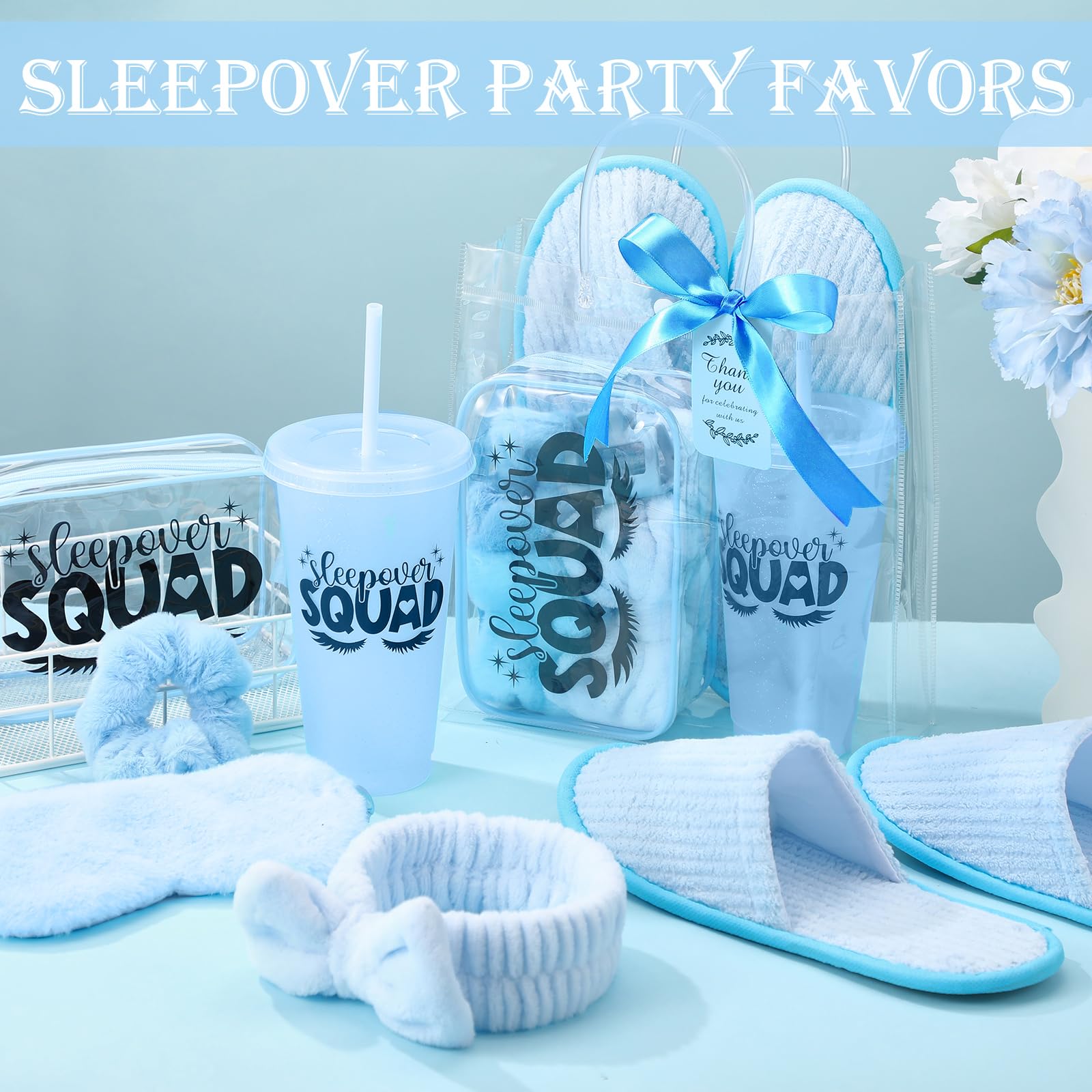 Acellegic 6 Sets Spa Sleepover Party Supplies 6 Pink Cups 6 Spa Headbands 6 Slippers 6 Eye Masks 6 Scrunchies 6 Hair Claws 6 Bags 6 Cosmetic Bag 6 Cards 1 Ribbon for Slumber Party(Blue)