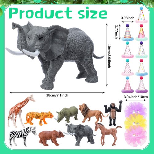 Weysat 27 Pcs Jungle Animal Cake Topper Animals Figures Birthday Party Decorations with Mini Hat with Pom Poms Jungle Toppers Decoration with Mini Skirt and Hat for Wild Animals Themed Party