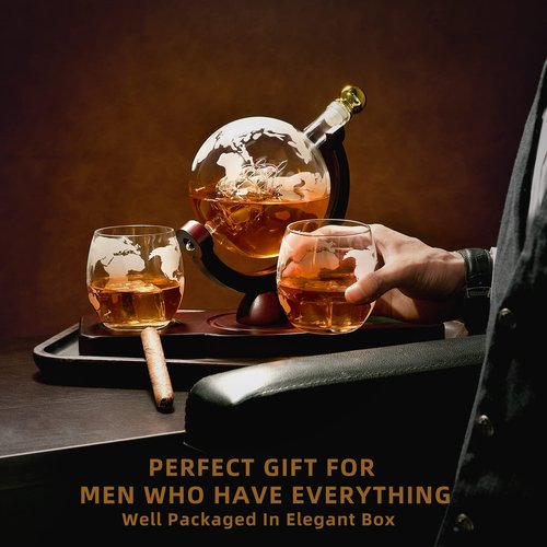 Gifts for Men Dad Husband from Wife Daughter Son, Unique Christmas Anniversary Birthday Gifts for Him, Whiskey Decanter Globe Set with 2 Glasses, Bourbon Scotch Liquor Cool Stocking Stuffers Presents