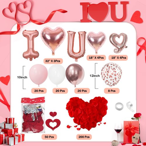 I Love You for Her/Him Balloons 87pcs Light Pink and White Rose Gold Balloon kit Include Heart Shaped Balloons and 400pcs Red Artificial Rose Petals for Romantic Hotel Decoration Valentines Party Kit