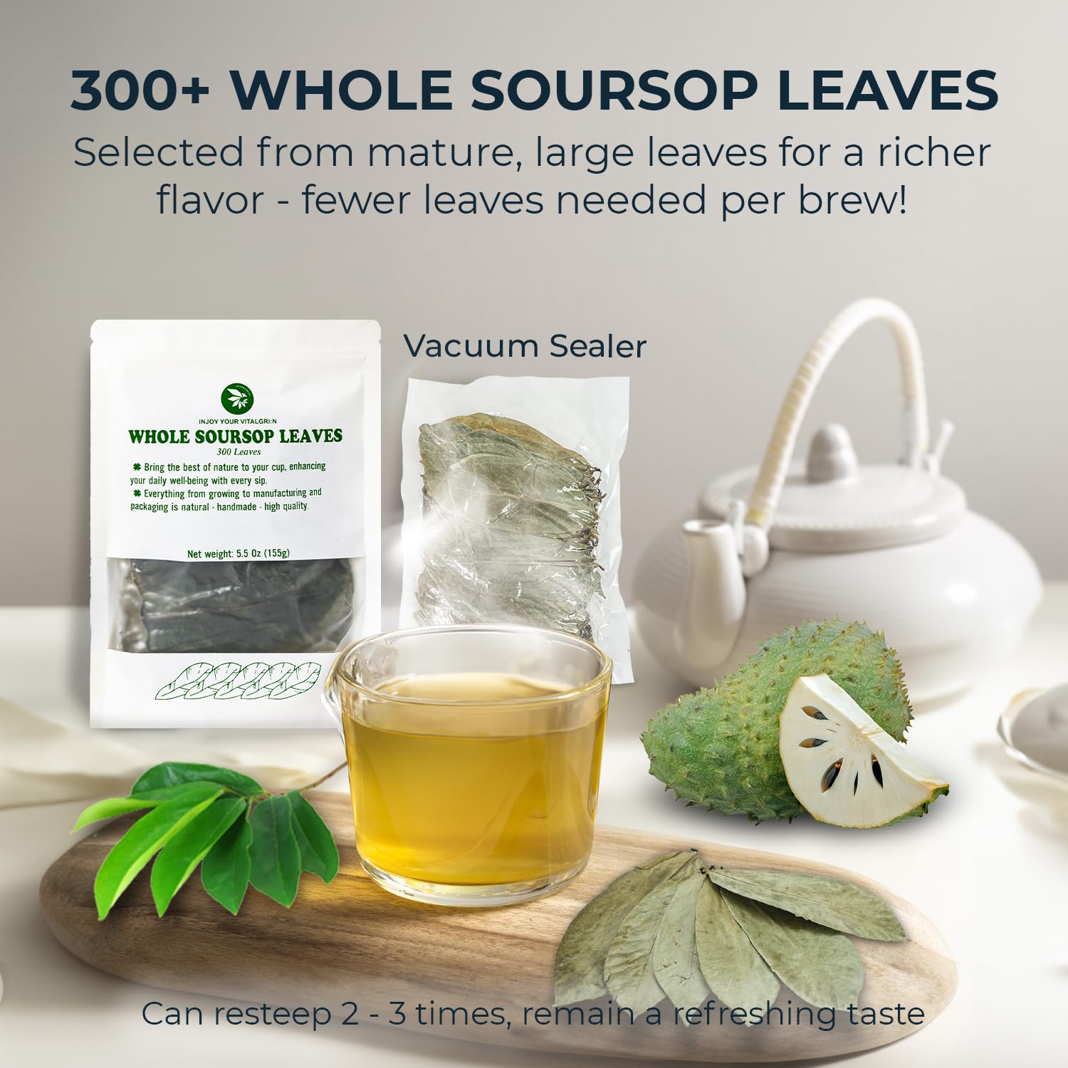 Soursop Leaf Tea – Up to 350 Dried Whole Leaves, 5.5 oz, Graviola Herbal Tea, Handpicked, Naturally Caffeine Free, Re-Steepable Loose Leaf, Smooth & Refreshing Flavor, Makes 100+ Cups