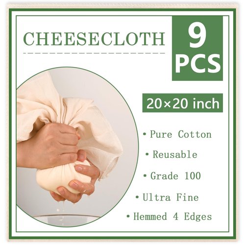 WMKGG 9 PCS Reusable Unbleached Cotton Cheese Cloth 20x20 Inch, Grade 100 Precut Cheesecloth for Straining Hemmed 4 Edges Fine Mesh Cotton for Cooking, Juicing, Cheese Making, Baking, Yogurt