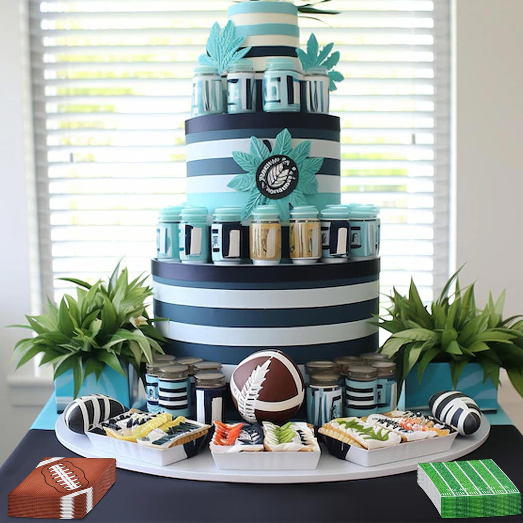 80 Count Football Paper Napkins - 2 Pattern 13 x 13 Inches Disposable Beverage Cocktail Napkins with Sports Ball and Field Designs for Tailgate Parties, Birthdays, and Sports Events