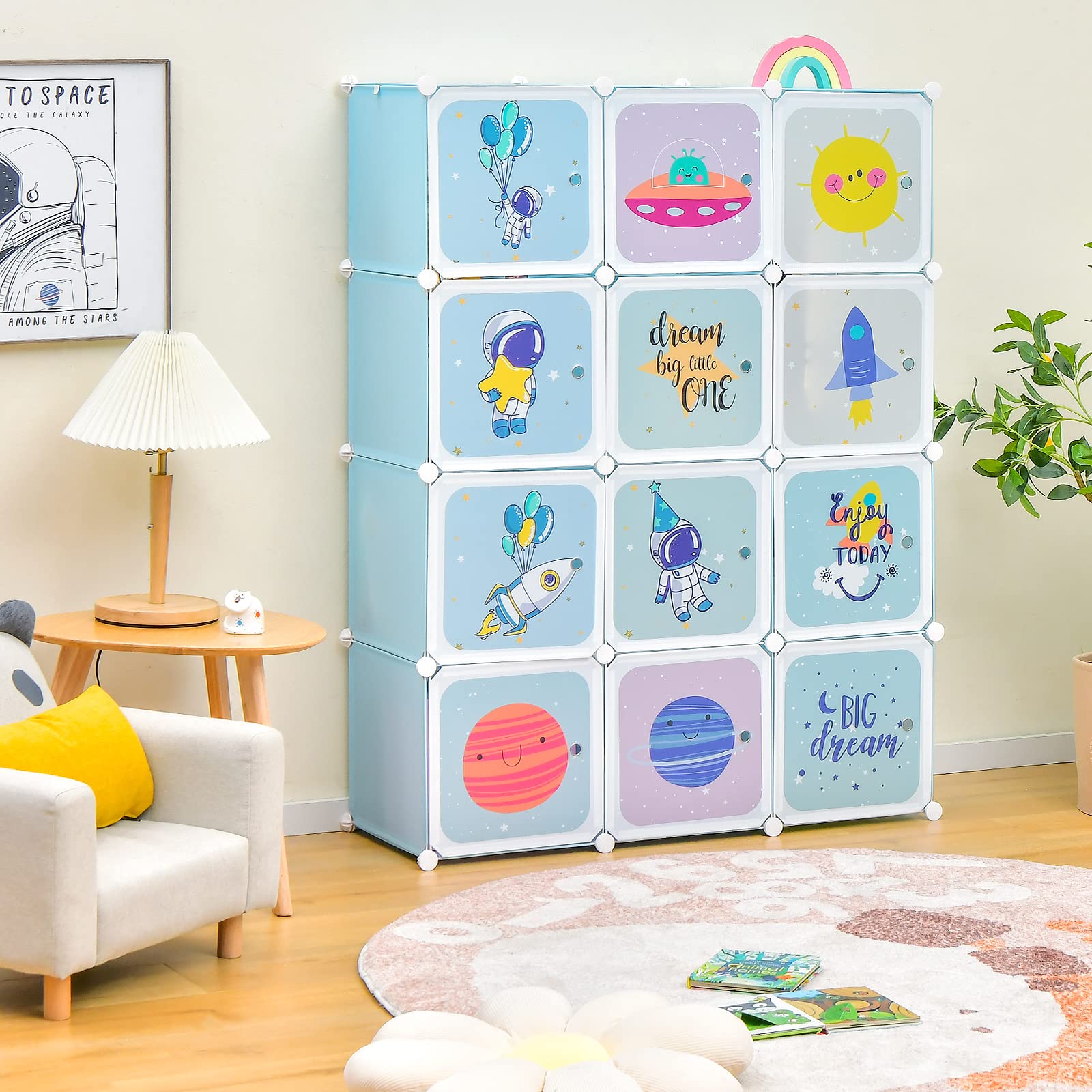 INFANS Children Wardrobe, Kid Closet Portable Baby Dresser Cute for Kids Bedroom Nursery Armoire with Doors 12 Cube 2 Hanging Sections, Kid Clothes Storage Organizer (Blue, 12 Cubes)