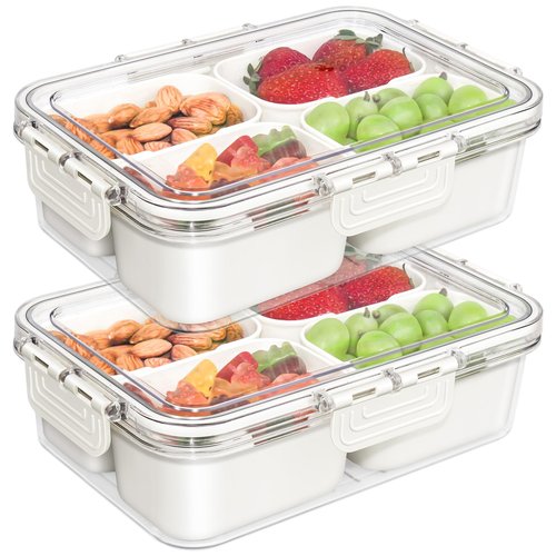 JINZORE Small Snackle Box Container, Divided Serving Tray with Lid, 4 Compartment Snack Box Container for Candy, Fruits, Charcuterie, Travel & Parties, BPA-Free, 2 Pack
