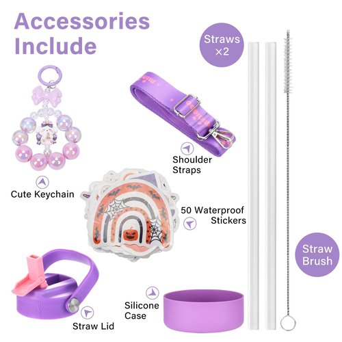 Mininoo Insulated Stainless Steel Kids Water Bottle for School with Straw Lid & Strap, 50 Stickers, 18 oz(Purple/Pink)