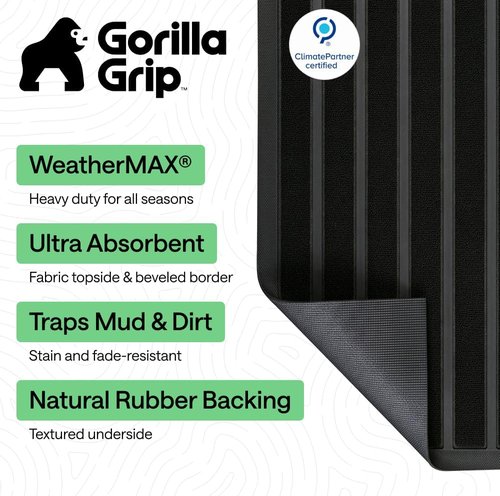 GORILLA GRIP Waterproof All-Season WeatherMAX Doormat - Natural Rubber, Stain & Fade Resistant, 23x35, Black Stripe