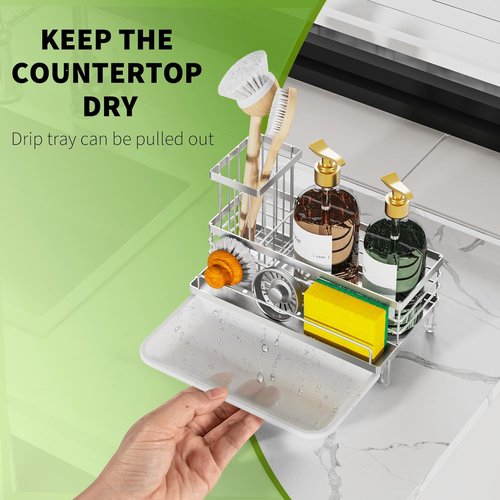 Cisily Stainless Steel Kitchen Sink Caddy - Rustproof Organizer with Non-Slip Soap Dish & Sponge Holder