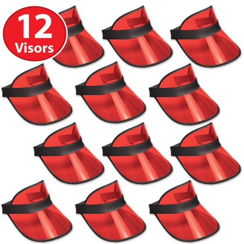 Beistle Clear Red Dealer’s Visors – 12 Pack, Transparent Plastic Sun Visors with Black Band, Lightweight Headwear for Events, Casino Themed Celebrations & Group Activities, One Size Fits Most Adults