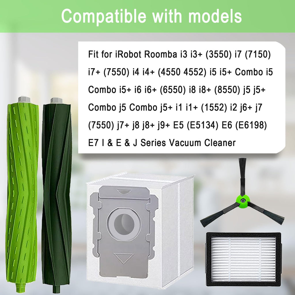 Replacement Parts for iRobot Roomba E5 E6 E7 i2 i3 i3+i4 i4+ i5 i5+ i6 i6+ i7 i7+ i8 i8+/Plus i1 E i j Series Robot Vacuum,2 sets of multi-surface roller brushes 6 Vacuum bags 6 filters 6 side brushes