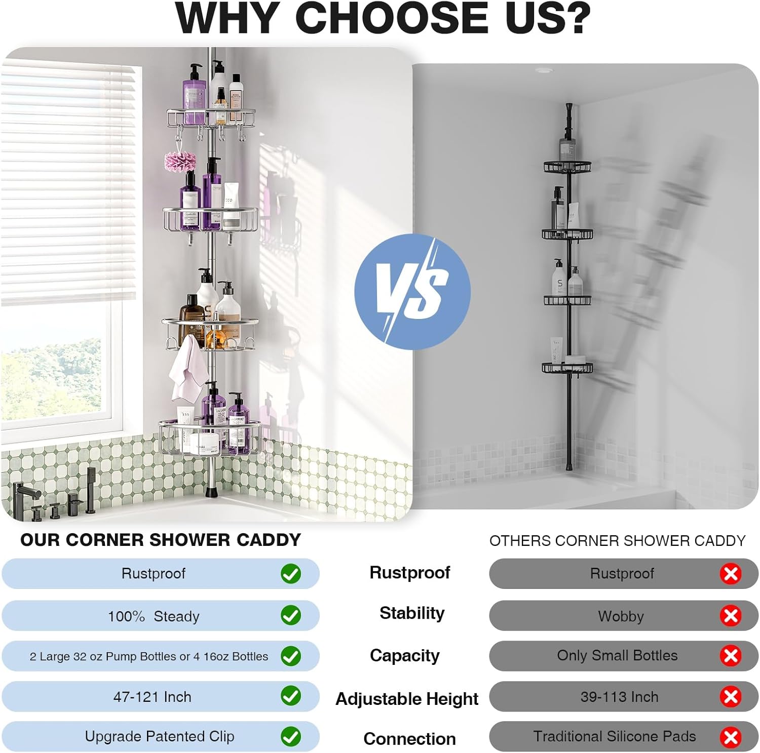 Skiennix Corner Shower Caddy Tension Pole - Rustproof 4-Tier Organizer | Adjustable 47-121 Inch Silver Shelves for Shampoo Storage