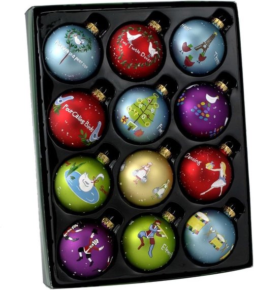 Kurt Adler Twelve Days of Christmas Ball Ornaments - 65mm | Set of 12 Festive Decorations