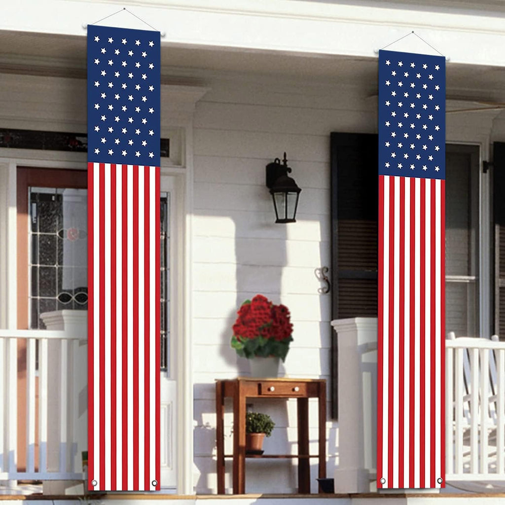 4th of July Decorations - Patriotic American Flag Banners & Porch Sign | Red, White & Blue (2 Pcs)