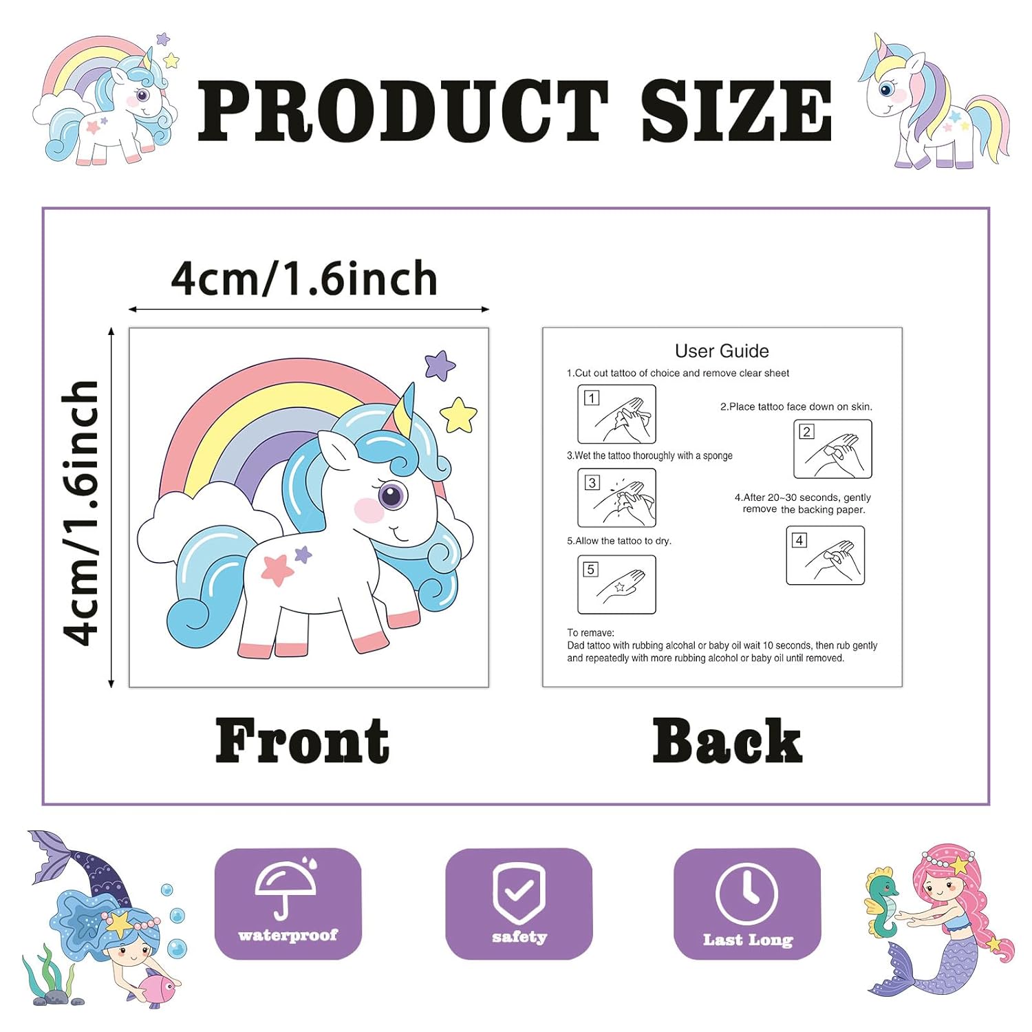 Skiennix 104 PCS Kids Temporary Tattoos - Fun Dinosaur, Unicorn & Mermaid Designs for Birthday Parties