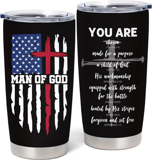 Christian Gifts for Men - Inspirational 20oz Coffee Tumbler | Bible Verse Design for Fathers Day & Birthdays