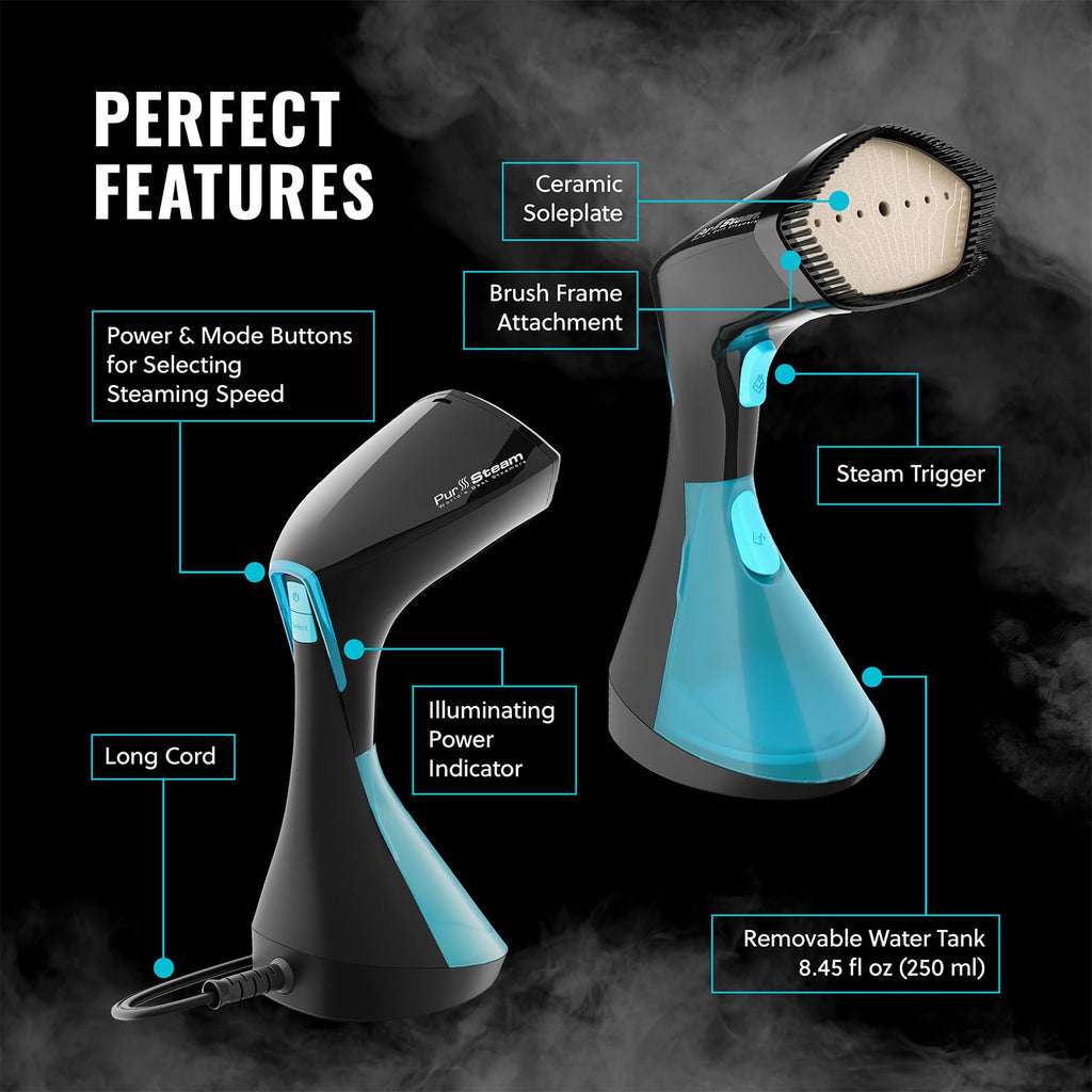 PurSteam Handheld Garment Steamer for Clothes – Powerful Wrinkle Remover with 3 Steam Settings, Large Removable Water Tank, and Fast Heat-Up – Portable Fabric Steamer for Home & Travel