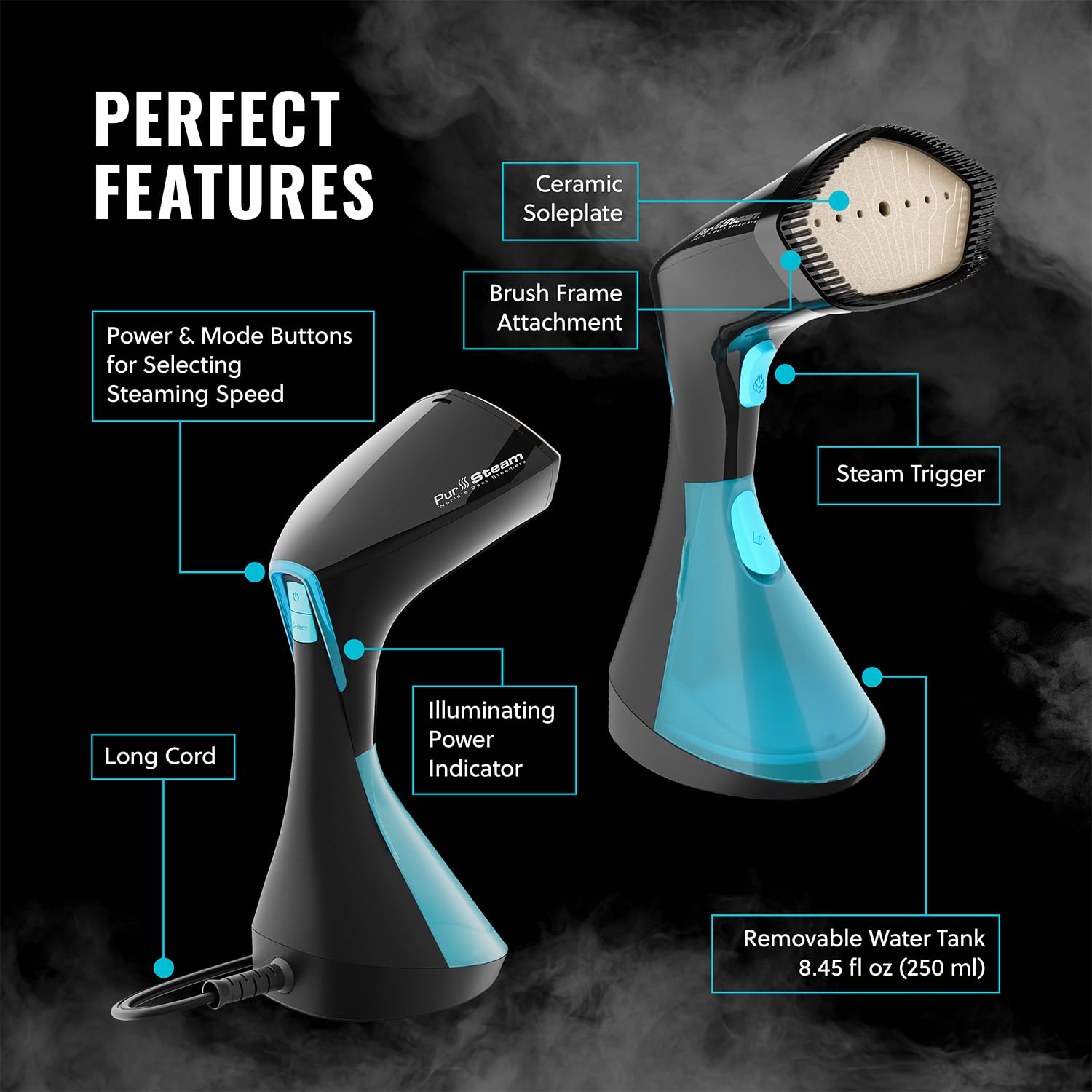 PurSteam Handheld Garment Steamer for Clothes – Powerful Wrinkle Remover with 3 Steam Settings, Large Removable Water Tank, and Fast Heat-Up – Portable Fabric Steamer for Home & Travel