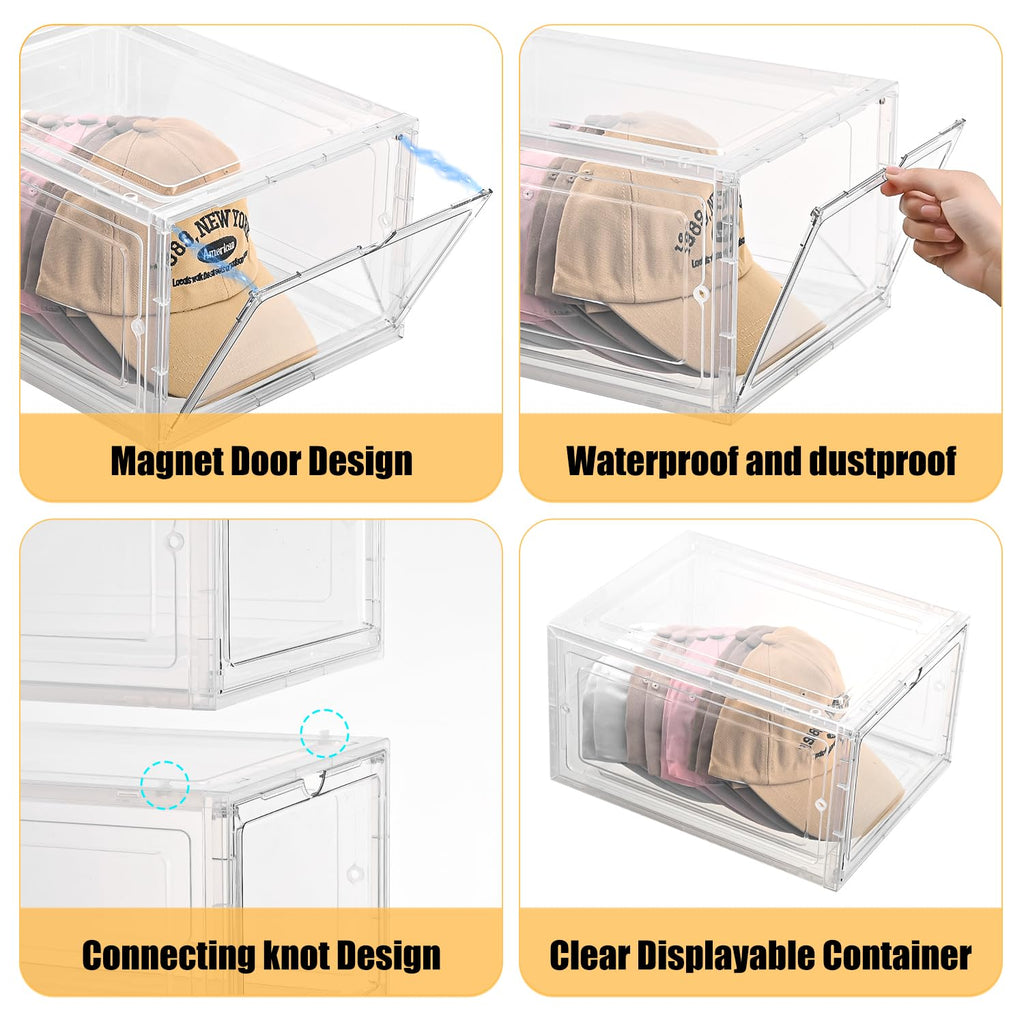 beehomay Hat Organizer Box,Stackable Clear Baseball Caps Holder Box Containers with Magnetic Door for Hats Snapback Cap Storage,Clear Hat Storage with Magnetic Door, Holds 20 Hats(clear, 2 pack)