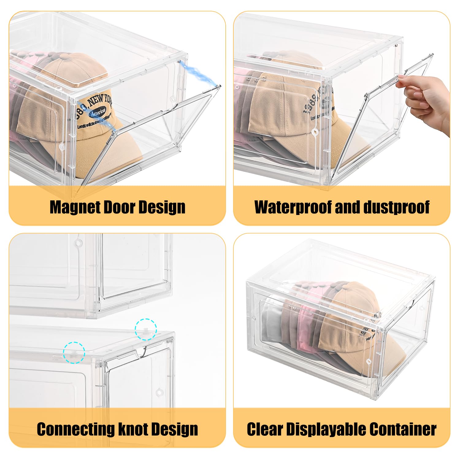 beehomay Hat Organizer Box,Stackable Clear Baseball Caps Holder Box Containers with Magnetic Door for Hats Snapback Cap Storage,Clear Hat Storage with Magnetic Door, Holds 20 Hats(clear, 2 pack)