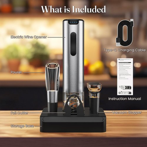 HomeHacks Electric Wine Opener - Automatic Rechargeable Opener with Foil Cutter & Vacuum Stopper | Perfect Gift for Wine Lovers