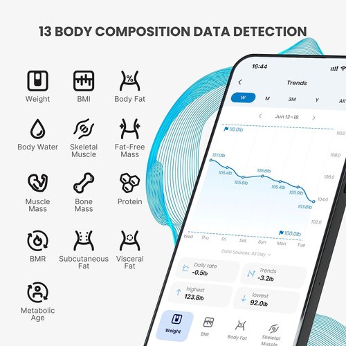 RENPHO Smart Scale for Body Weight, Type-C Rechargeable Digital Bathroom Scale, Electronic 13 Body Composition Monitor with Smartphone App, 400 lbs, Black, Elis 1 (11 inch)