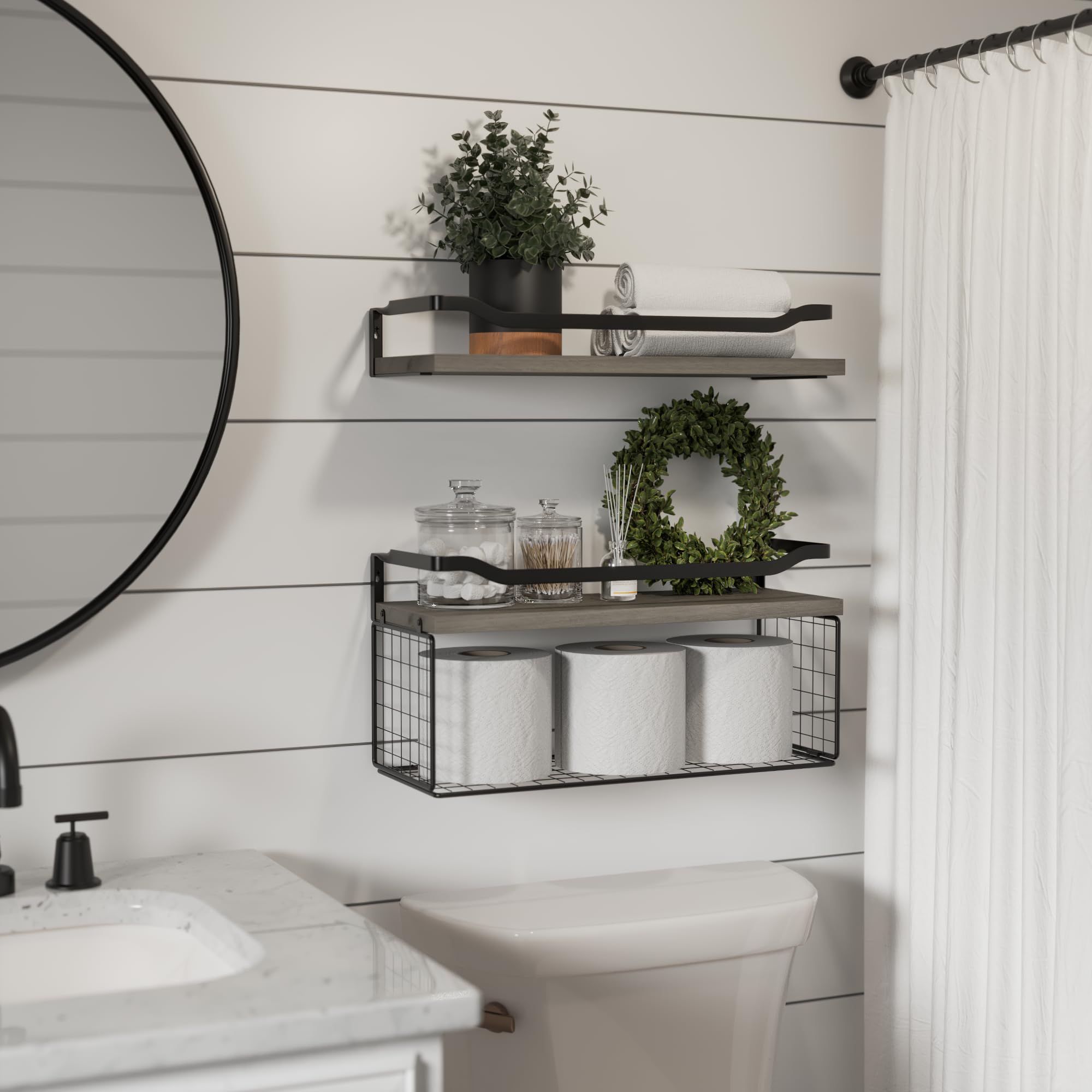 WOPITUES Floating Shelves with Wire Storage Basket, Bathroom Shelves Over Toilet with Protective Metal Guardrail, Wood Wall Shelves for Bathroom Organizers and Storage, Toilet Paper- Gray