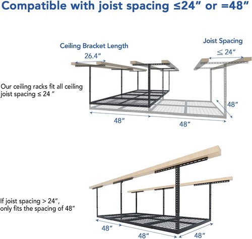 FLEXIMOUNTS 4x8 Overhead Garage Storage Rack - Heavy-Duty Metal Ceiling Organizer | 750lbs Capacity, Hammertone Finish