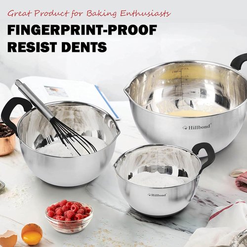 Hillbond Stainless Steel Mixing Bowls Set - 3 Bowls with Lids, Pour Spout & Non-Slip Bottoms | Black