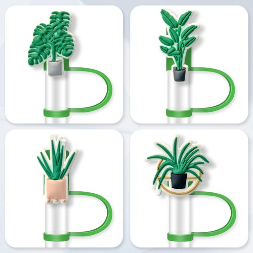 8PCS Green Plants Straw Covers Cap, Silicone 10mm Straw Tips Cover for Stanley 30&40 Oz Tumbler with Handle, Reusable Dust-Proof Drinking Straw Toppers