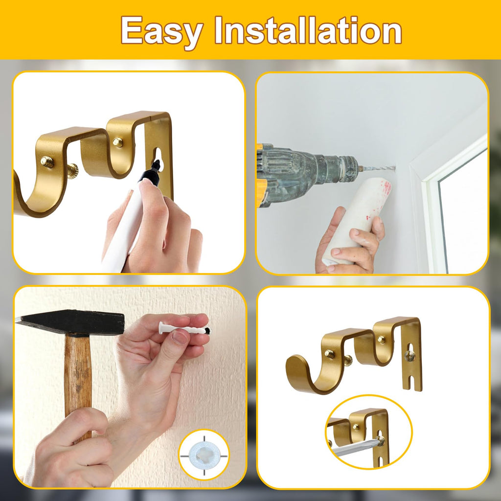 Shonmogar Double Curtain Rod Bracket 6 Pack Metal Curtain Rod Holders for Wall Sturdy Curtain Bracket for 1 Inch Curtain Rod Gold Wall Mounted Curtain Rod Hooks for Bedroom Living Room Patio