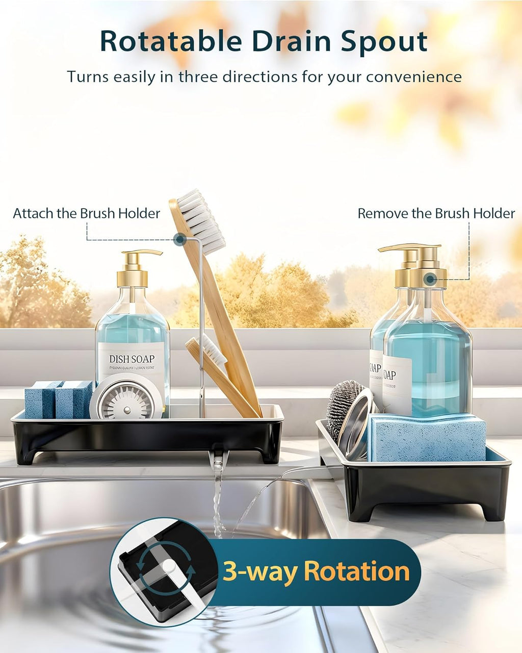 Minimalist Sink Caddy - Rustproof Kitchen Sponge Holder with 304 Stainless Steel Brush Rack | Large Black Design