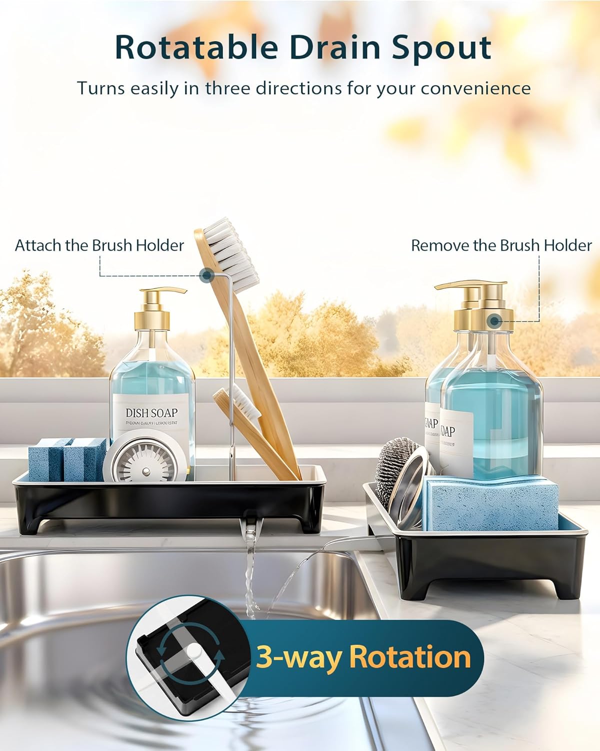 Minimalist Sink Caddy - Rustproof Kitchen Sponge Holder with 304 Stainless Steel Brush Rack | Large Black Design