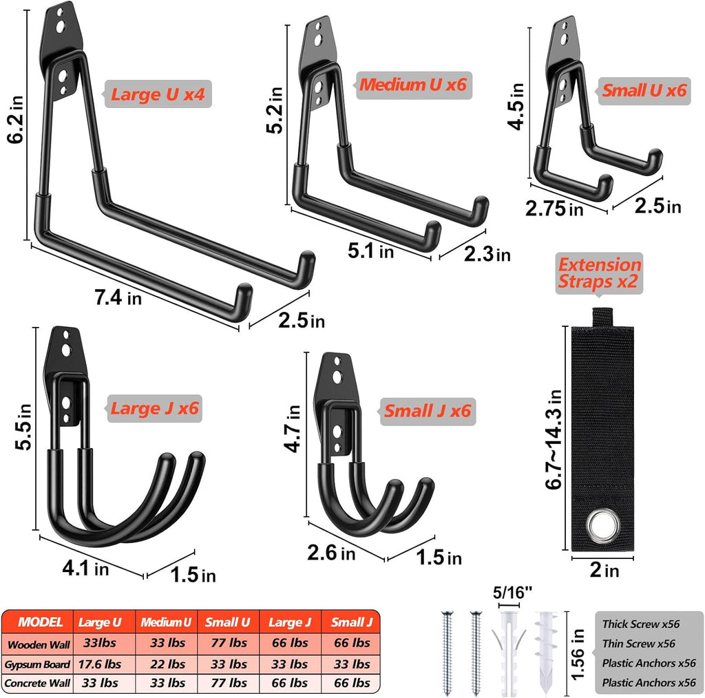 Skiennix Heavy Duty Garage Hooks - Solid Steel Wall Mount Hangers with Anti-Slip Coating | 30 Pack for Organizing Tools and Equipment