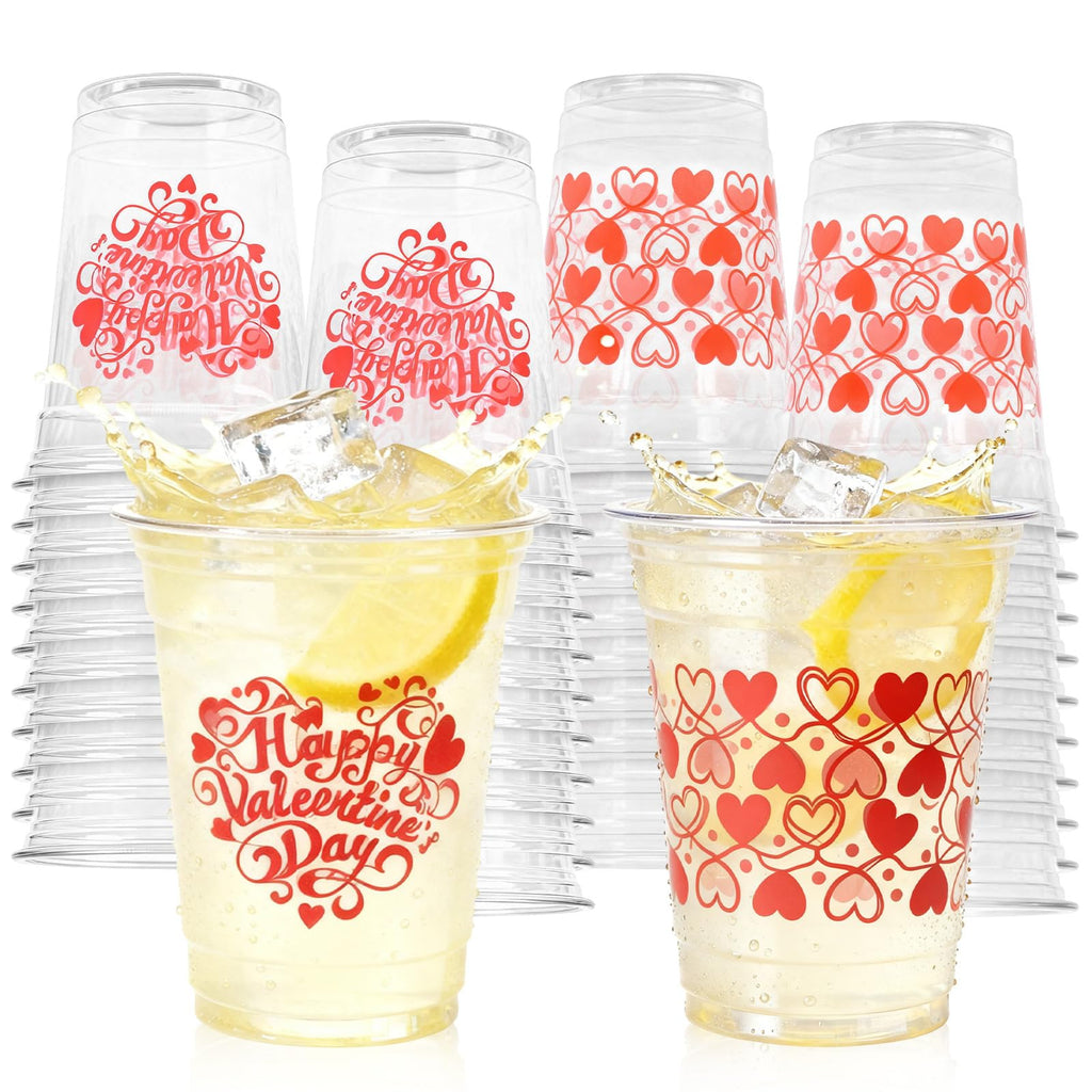 Gistome 50 Pcs 12 oz Valentine’s Day Plastic Cups, “Happy Valentine’s Day” and Heart Pattern Printed Disposable Cups, Red Love Design Cups for Beverages, Parties, Weddings, and Romantic Celebrations