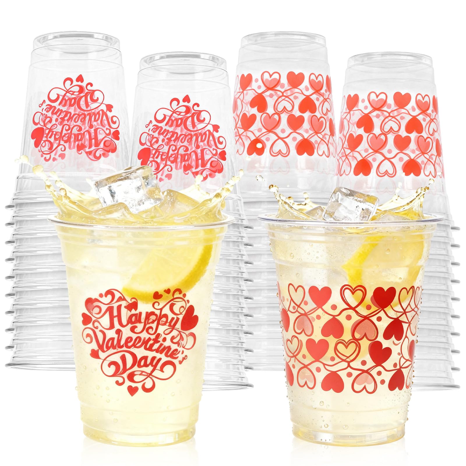 Gistome 50 Pcs 12 oz Valentine’s Day Plastic Cups, “Happy Valentine’s Day” and Heart Pattern Printed Disposable Cups, Red Love Design Cups for Beverages, Parties, Weddings, and Romantic Celebrations
