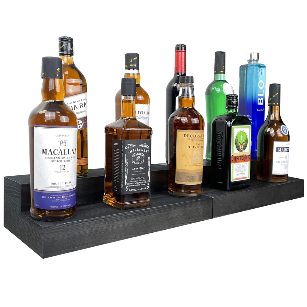 TONGMO 2 Pack Liquor Bottle Stand - 16 Inch 2 Tier Liquor Bar Bottle Display Shelf, Holds 16 Bottles, Solid Wood, No Installation Required (Black)