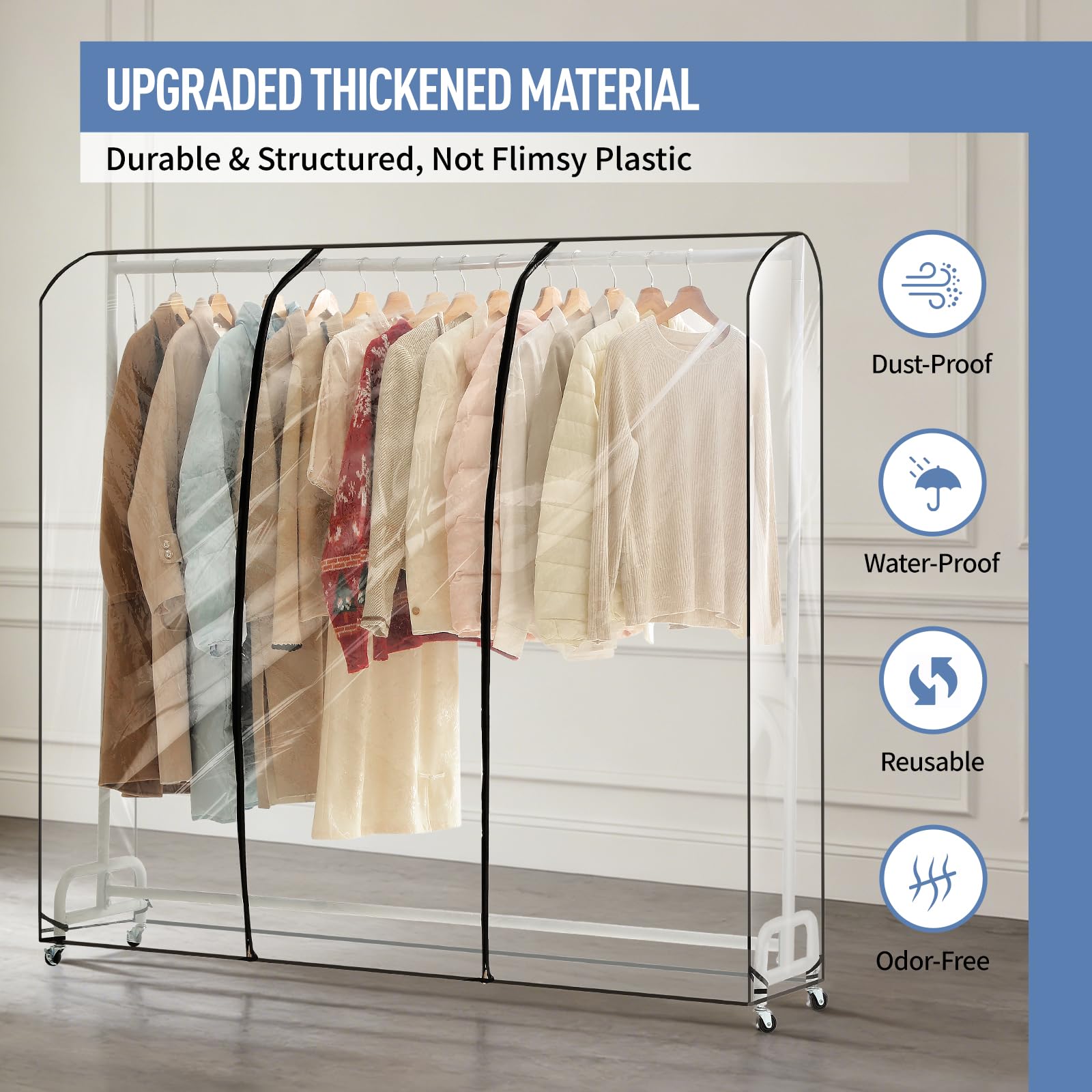 Moucas Clear Garment Rack Cover 71" L x 20" W x 60" H, Clothes Rack Cover with Reinforced Double Zippers, Waterproof PEVA Dustproof Protection – Cover Only, Rack Not Included