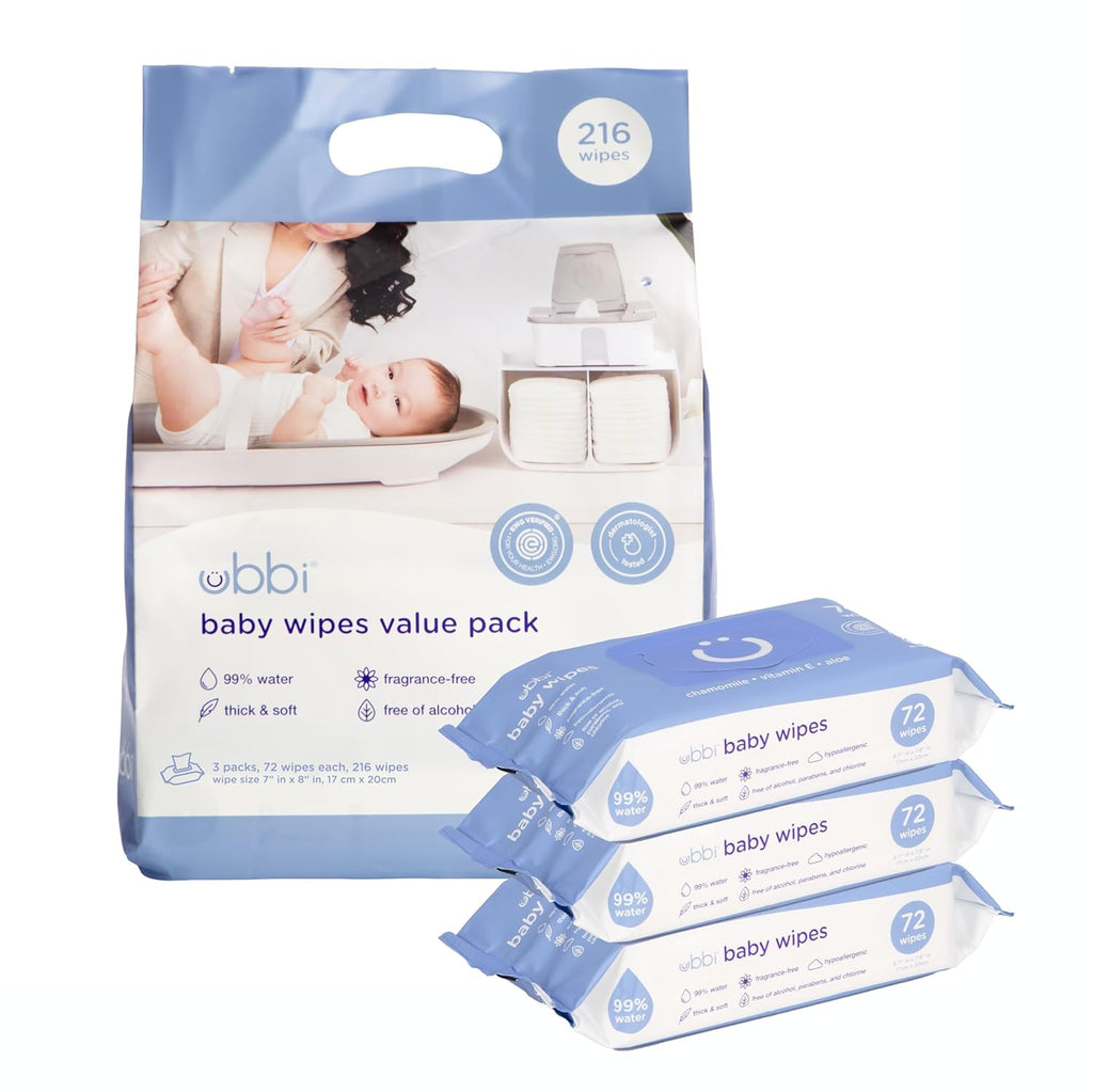 Ubbi Fragrance-Free Baby Wipes - Hypoallergenic & Plant-Based | 99% Water, Chamomile & Aloe | Value Pack (216 Wipes)