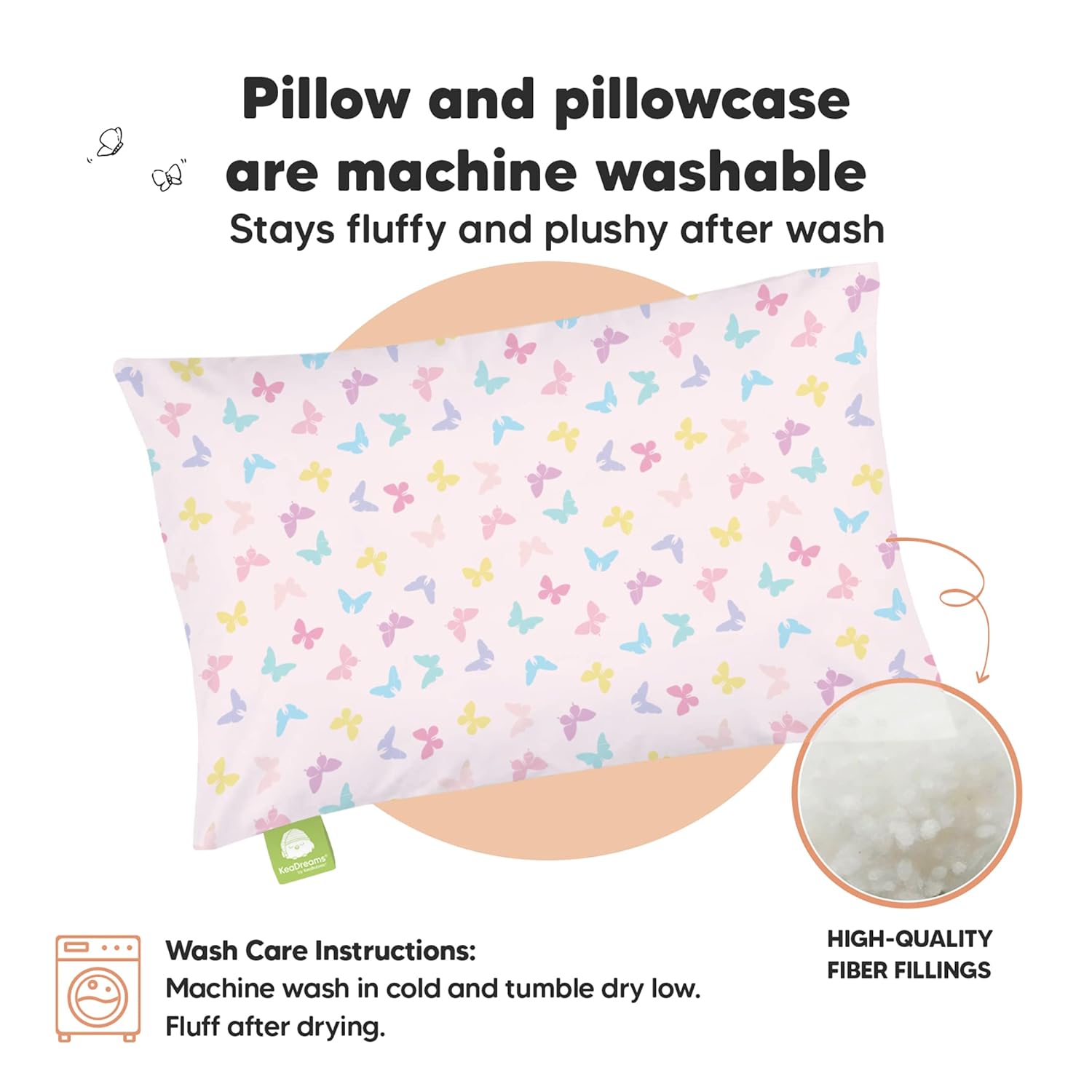 My Little Dreamy Toddler Pillow - Organic Cotton Travel Bed Pillow with Soft Pillowcase | 13x18, Machine Washable, Ideal for Ages 2-5 (Flutter)