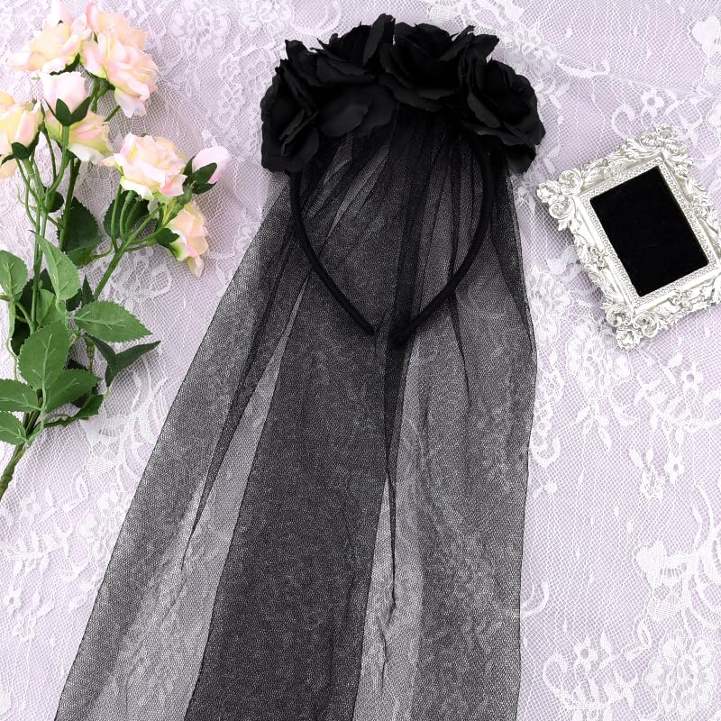 Halloween Floral Headband with Veil Gothic Black Flower Hair Piece