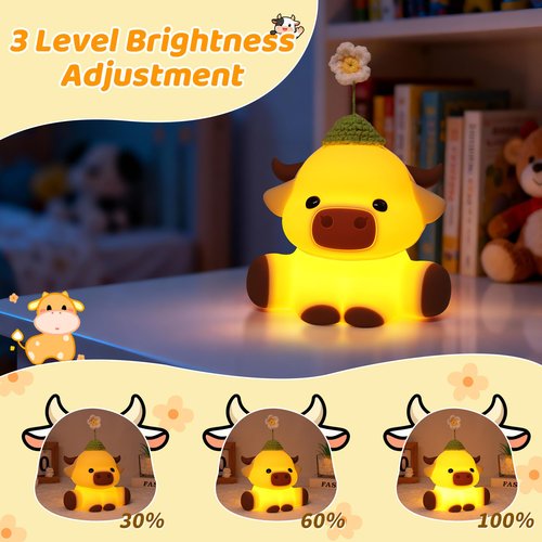 Attivolife Highland Cow Night Light for Kids, Flower Cow Cute Animal Gift Soft Silicone LED Lamp with Dimmable and Timer, Bedroom Bedside Table Decor, Birthday Christmas Gifts for Children Baby