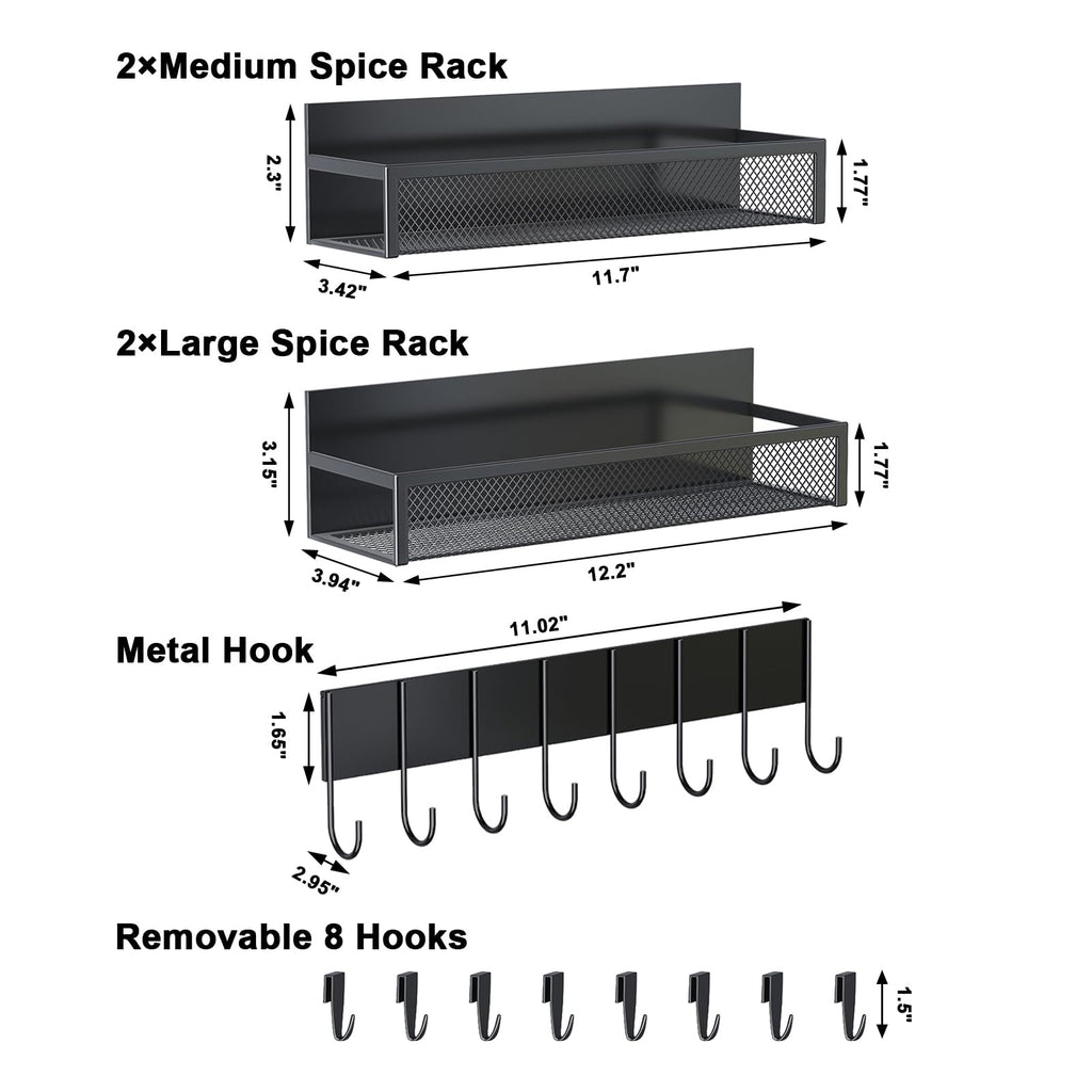 Aufworld Magnetic Spice Rack for Refrigerator, 5 Pack Magnetic Shelf, Moveable Magnetic Fridge Organizer with an 8-Hook Rack, Seasoning Organizer for Kitchen Organization (Extra with 8 Hooks)