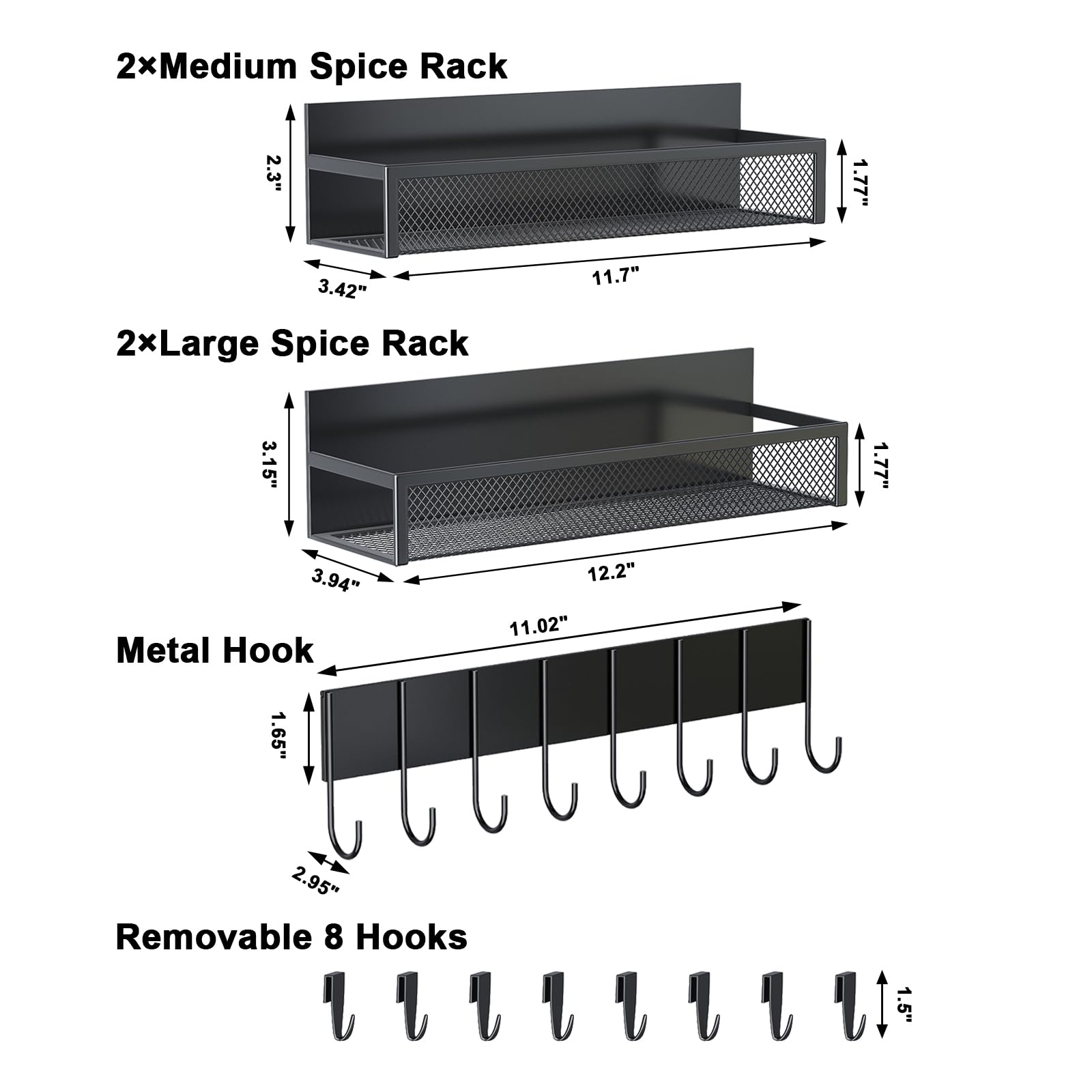 Aufworld Magnetic Spice Rack for Refrigerator, 5 Pack Magnetic Shelf, Moveable Magnetic Fridge Organizer with an 8-Hook Rack, Seasoning Organizer for Kitchen Organization (Extra with 8 Hooks)