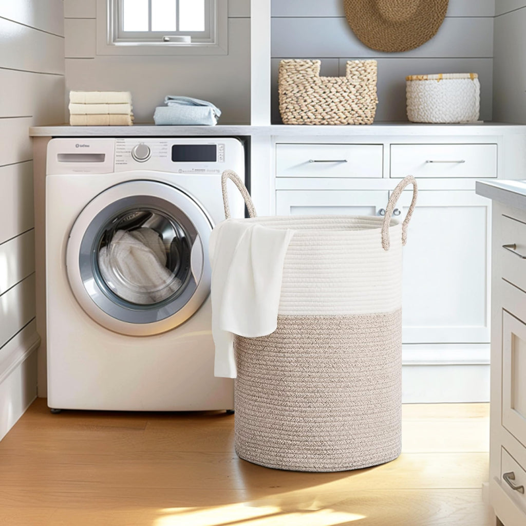 WILLITAT Large Woven Laundry Basket, 15”x18” Tall Blanket Basket Living Room, Cotton Rope Hamper for Bedroom Aesthetic, Baby Nursery, Wicker Hamper for Dirty Clothes, Kids Toy Laundry Storage Bin