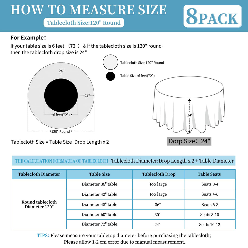 8 Pack Ivory Round Tablecloth 120 Inch Circle Polyester Table Cloth, Washable Fabric Stain and Wrinkle Resistant Table Cover Round Tableclothes for Wedding Parties Banquet Reception Dining