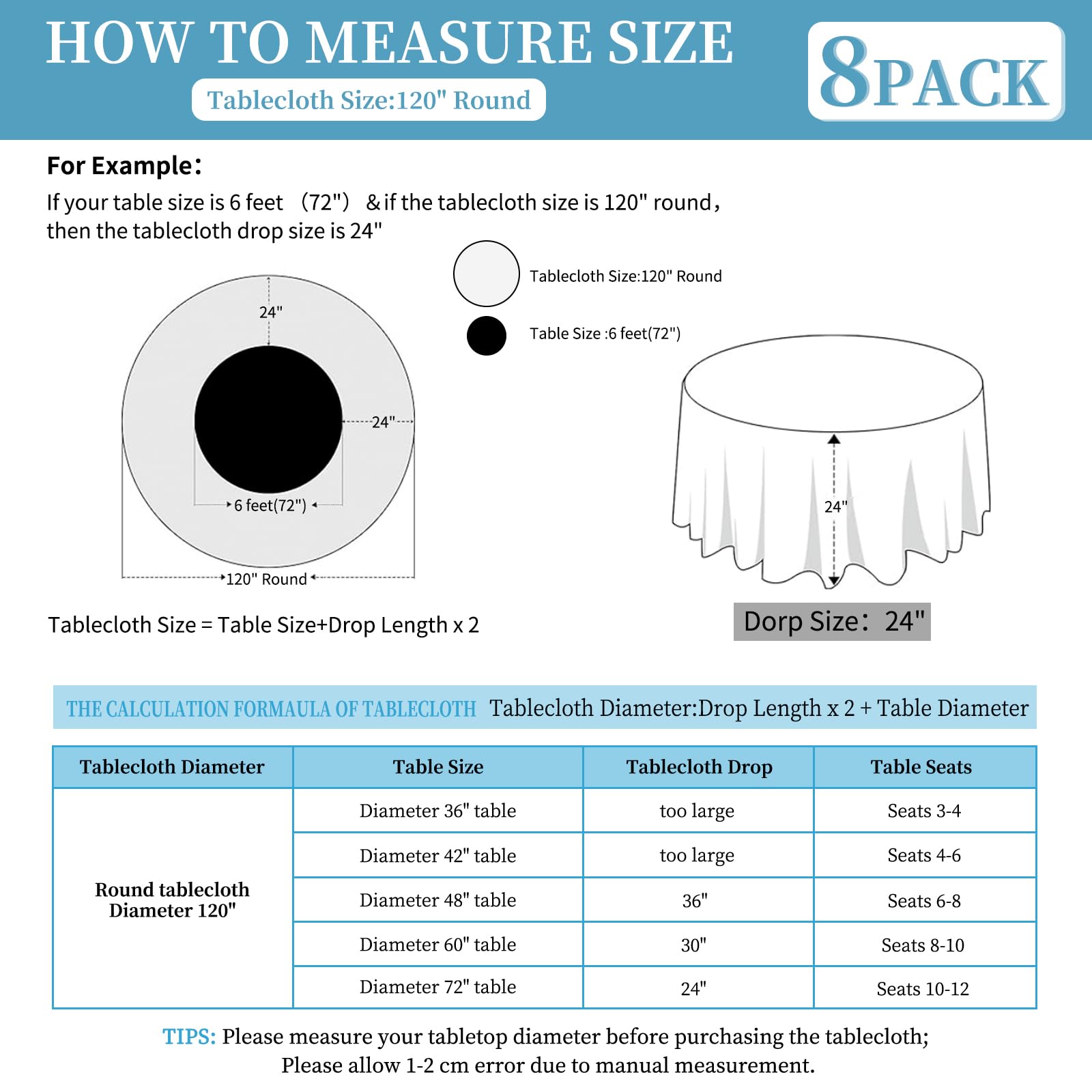 8 Pack Ivory Round Tablecloth 120 Inch Circle Polyester Table Cloth, Washable Fabric Stain and Wrinkle Resistant Table Cover Round Tableclothes for Wedding Parties Banquet Reception Dining
