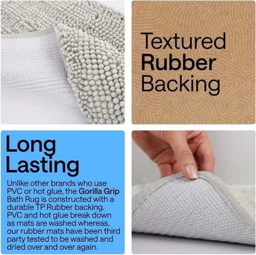 GORILLA GRIP Bath Rug Mat - Soft Absorbent Chenille | Quick-Dry Microfiber 48x17 Light Gray