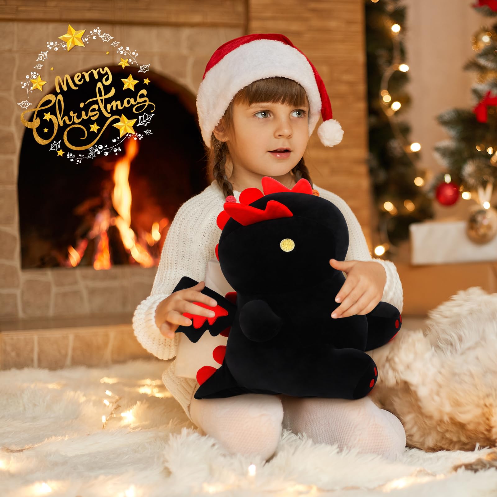 MIAOHAHA Cartoon Funny Plush 10in Dinosaur with Cute Wing, Soft Kids Plush Toy Pillow, Stuffed Animals Dinosaur Toy Gift for Kids and Girls (Black&Red,10in)