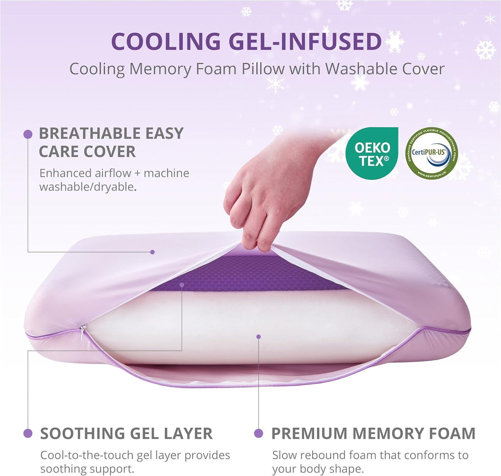 Purple Cooling Pillow - Gel Memory Foam with Reversible Cover for Neck Support | Machine Washable